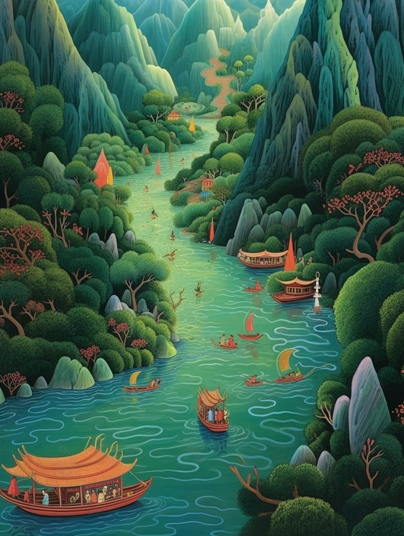 绿色山水游船夏季插画背景,插画/手绘图,插画/手绘图库,插画/手绘图下载,插画/手绘